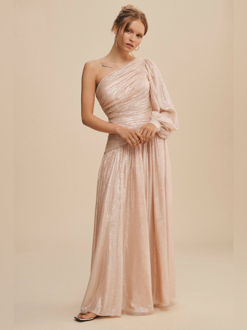 NWT BHLDN Anthropologie Jade Metallic One-Shoulder Gown Shimmer Blush Sz 4